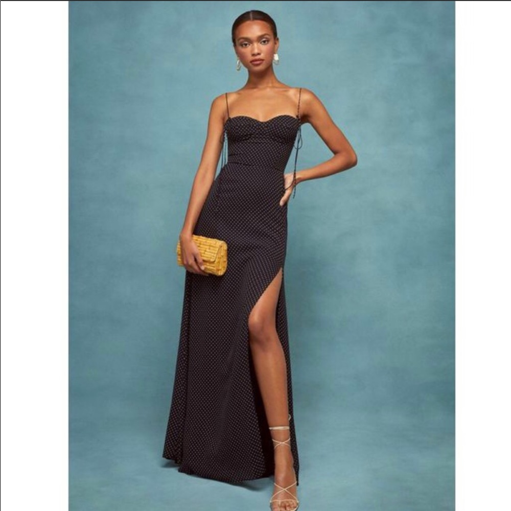 Reformation Black Polka Dot Spaghetti Strap Gown